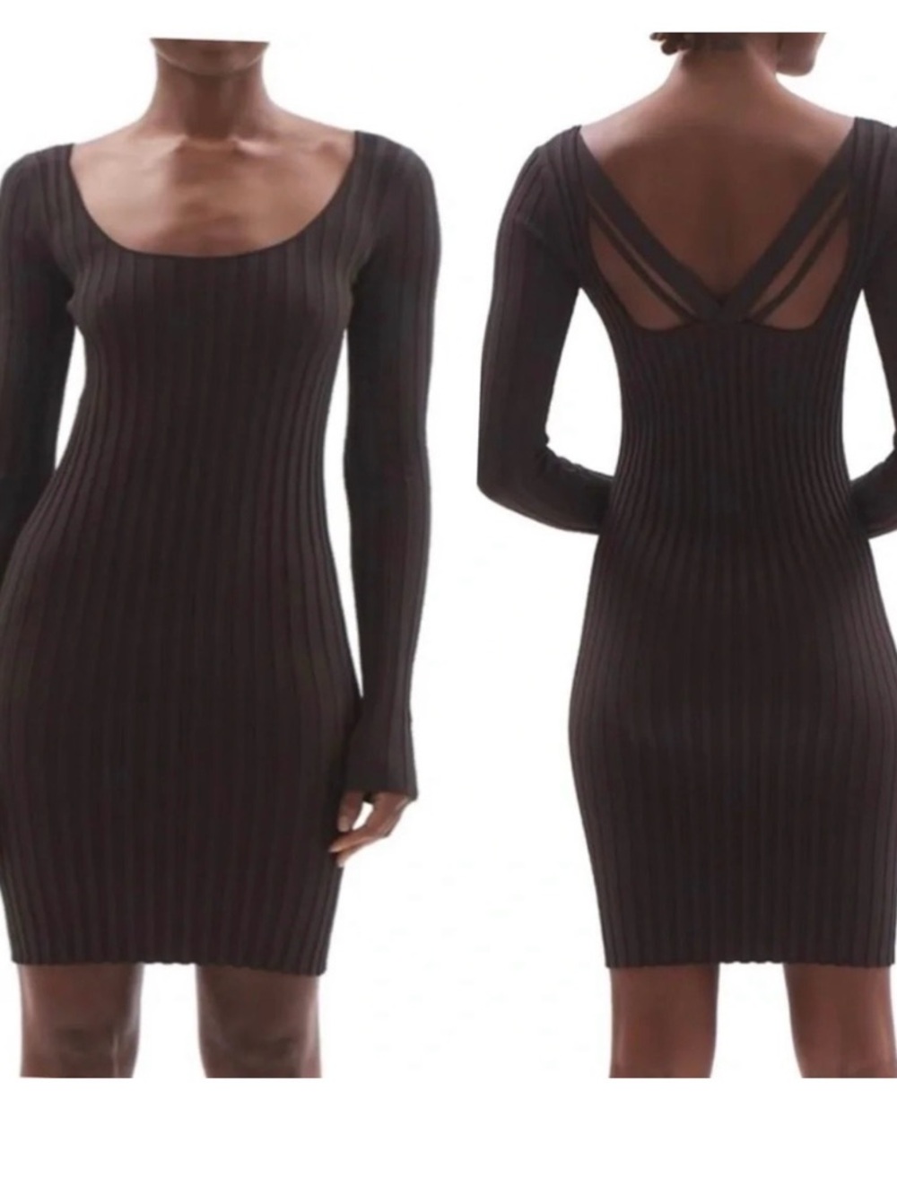 HELMUT LANG Strap Rib-Knit Bodycon Mini Dress Brown Long Sleeve Size M NEW